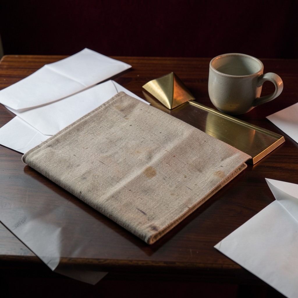 A cloth document folder, blank envelopes, a brass paperweight, and a ceramic cup on dark lacquered wood.