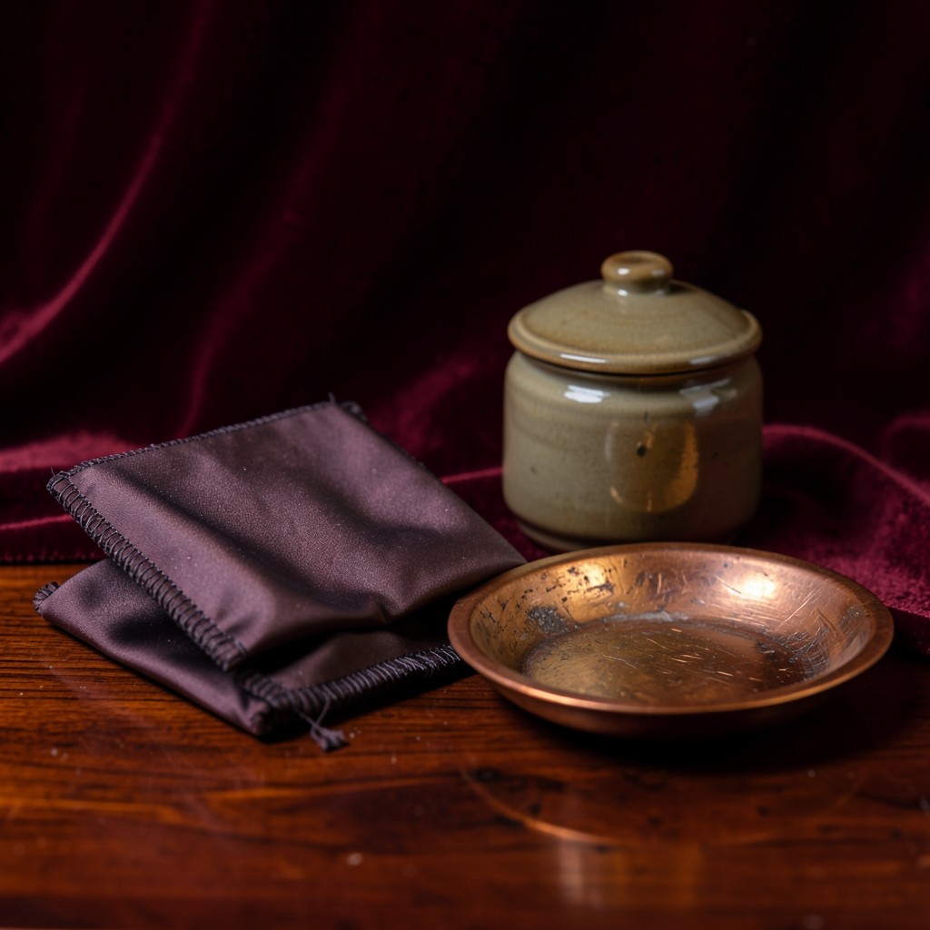 A closed silk pouch, a lidded ceramic jar, and a copper dish on lacquered wood against burgundy velvet.