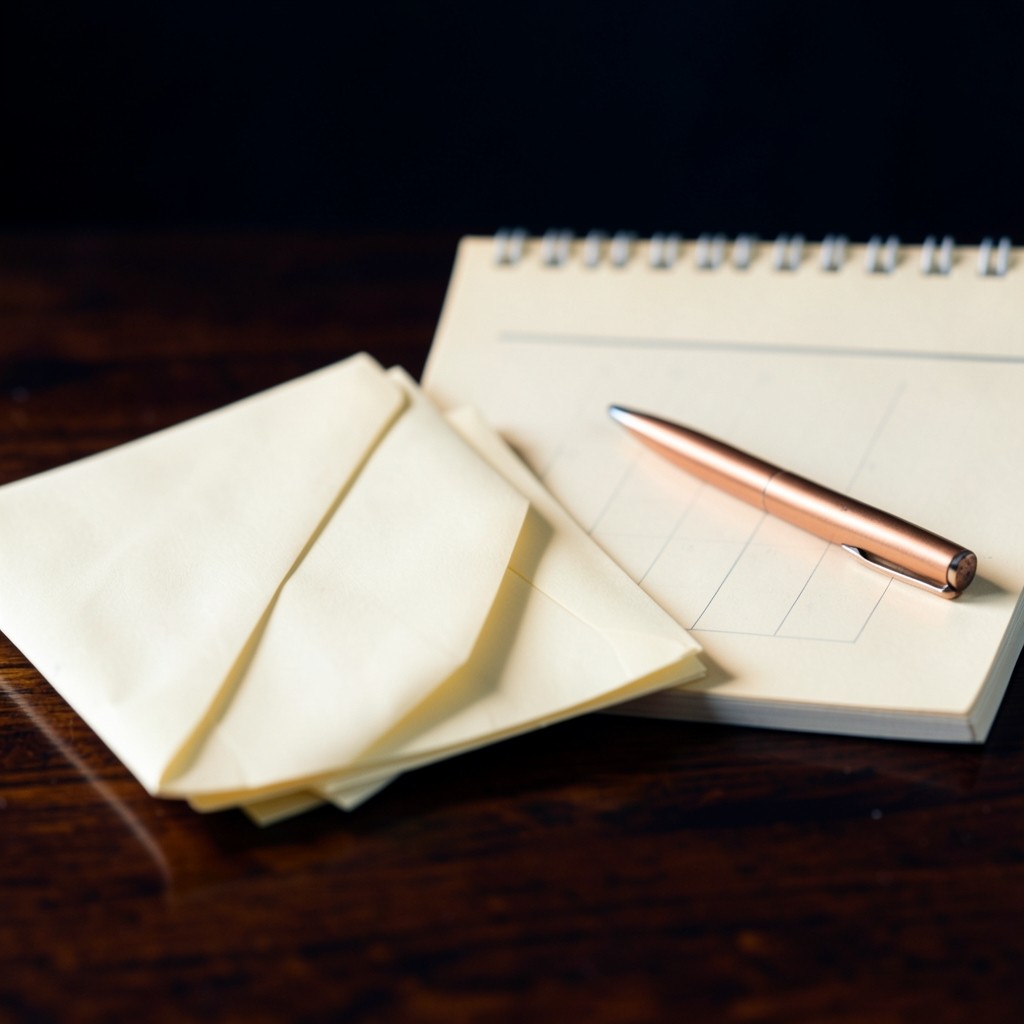 Plain cream envelopes stacked beside a blank desk calendar and a copper pen on dark wood.