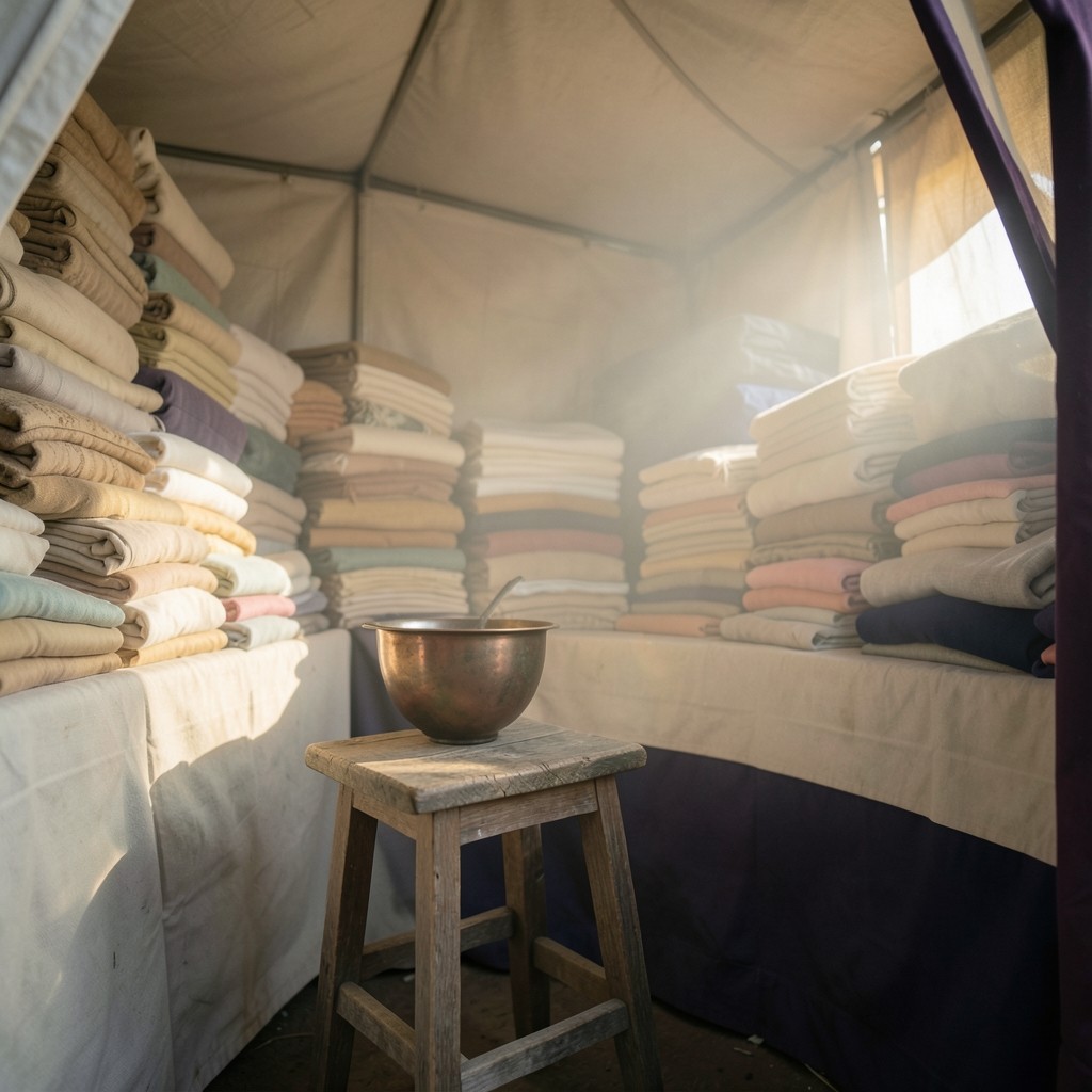 An empty fabric stall in the early morning, with folded textiles, a wooden stool, and a copper bowl on the counter.