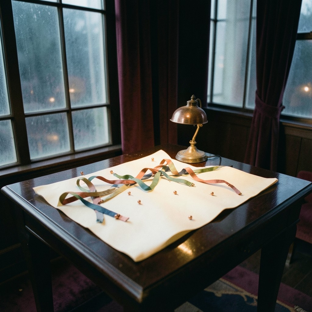 A lacquered table in a velvet-dark room, with an ivory sheet of colored bands under a copper lamp.