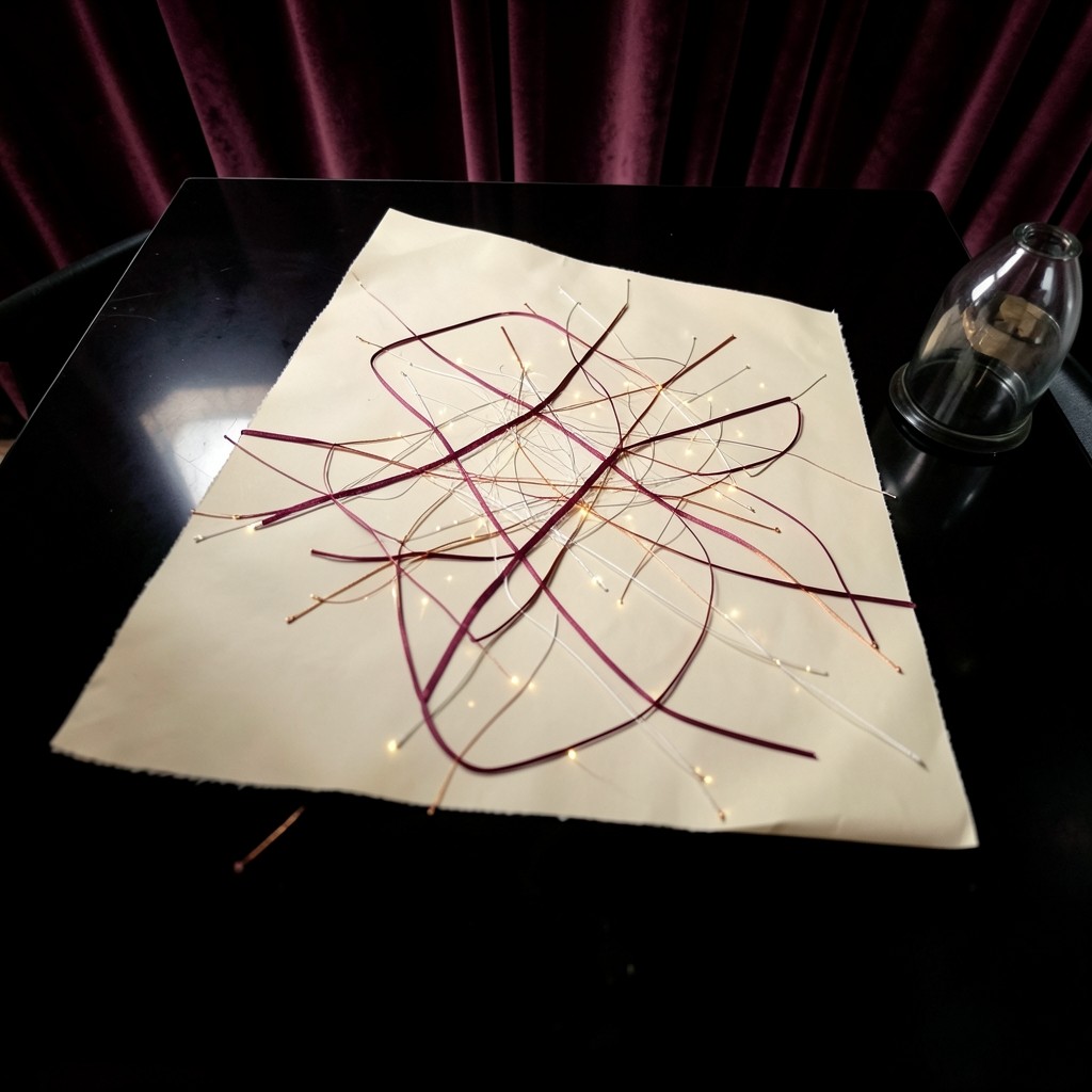 Overhead view of a large ivory sheet with burgundy and copper threads pinned on dark wood.