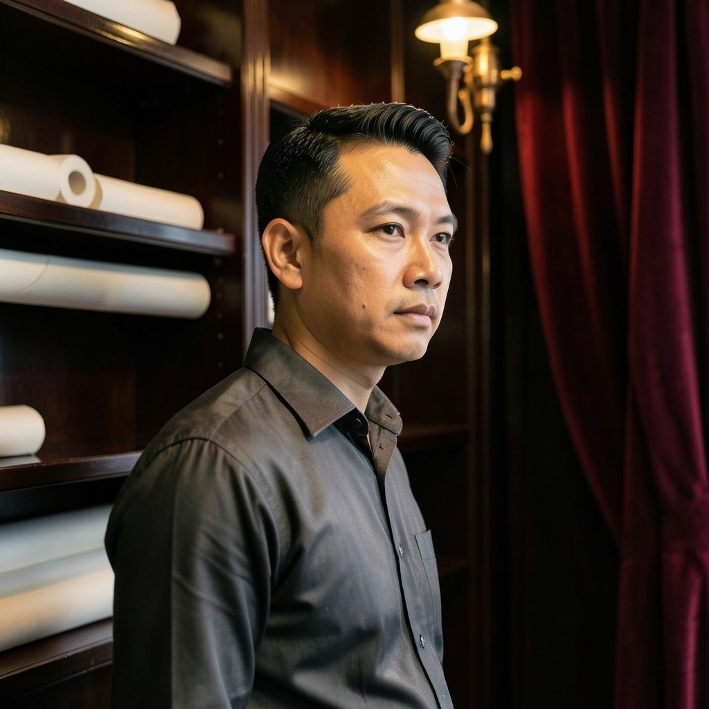 Portrait of Arthit Wongchai beside dark wood shelves holding rolls of blank paper.