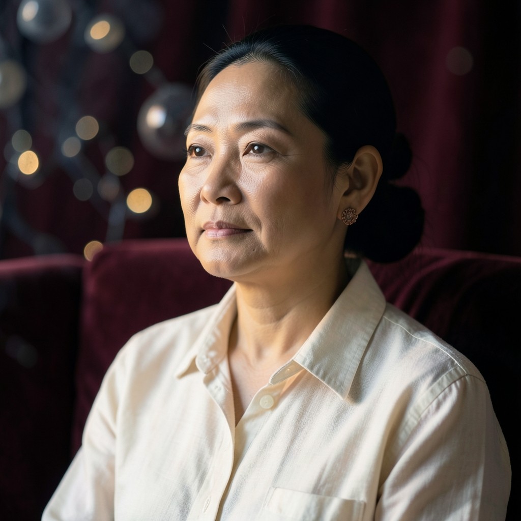 Portrait of Niramol Srisawat, a woman in her forties in an ivory blouse against burgundy velvet.