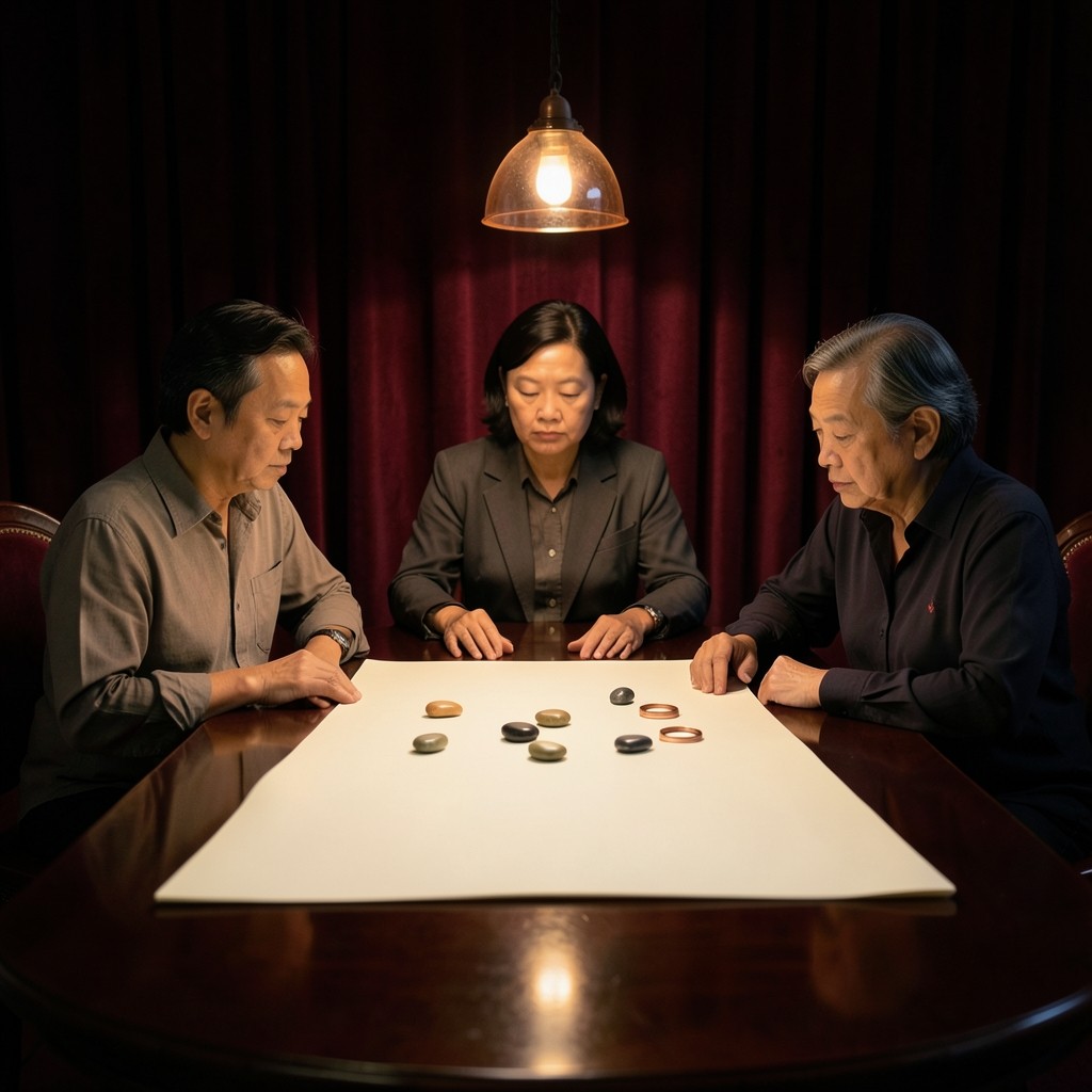 Three adults around a dark wood table with a large ivory sheet and colored stones arranged as a diagram.