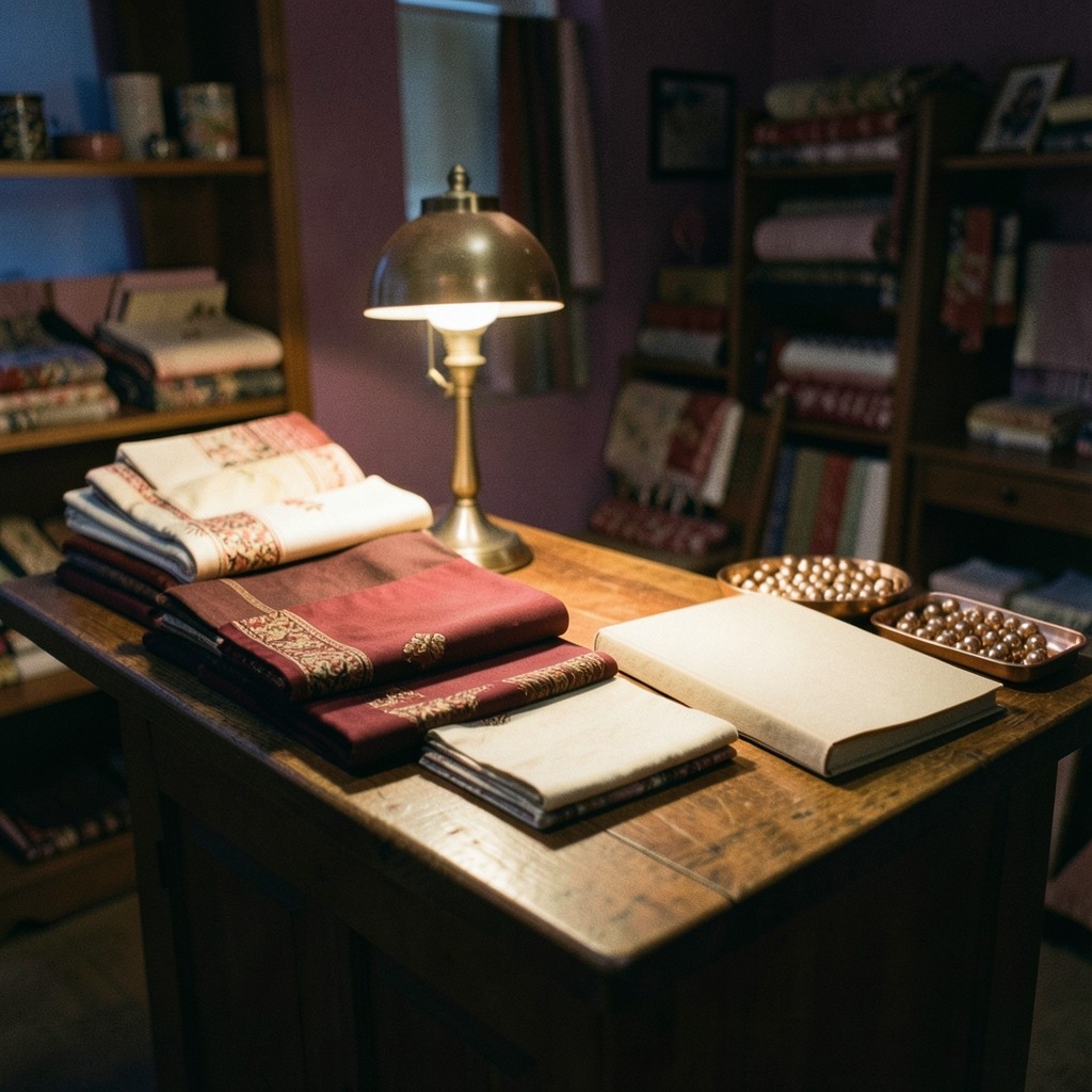 A fabric shop counter at dusk with folded textiles, a closed blank book, and a copper bead tray.