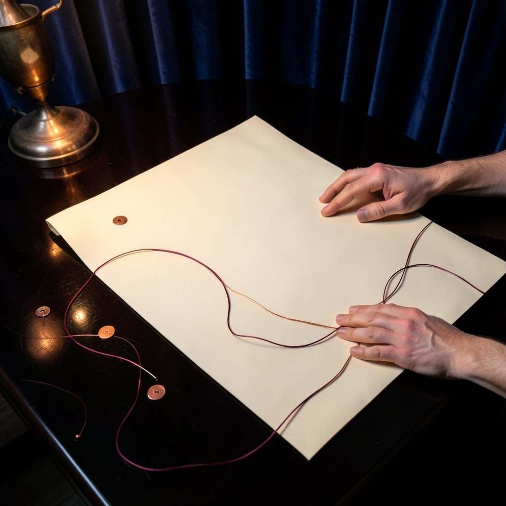Adult hands placing copper pins and colored threads on a large planning sheet.