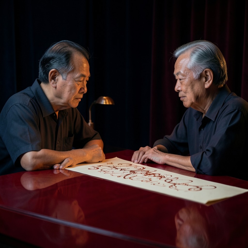 Two older adults at a lacquered table looking at a long ivory sheet marked with abstract copper lines.