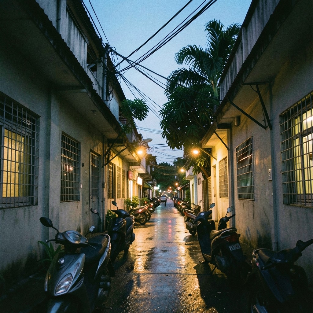 A quiet Bangkok residential soi at dusk, with parked motorbikes and warm windows.